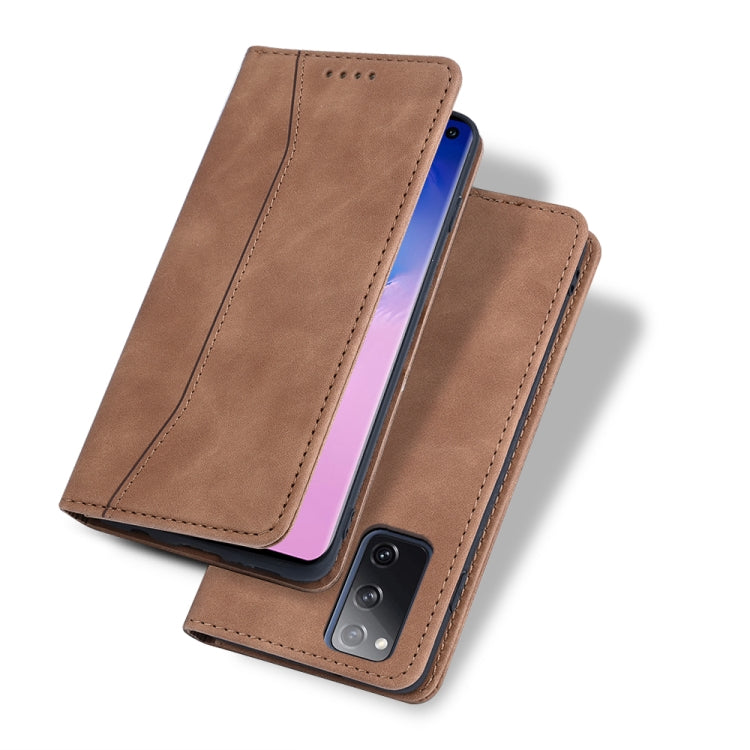 For Samsung Galaxy S20 FE Skin-feel Calfskin Texture Magnetic Dual-Fold Horizontal Flip Leather Case with Holder & Card Slots & Wallet