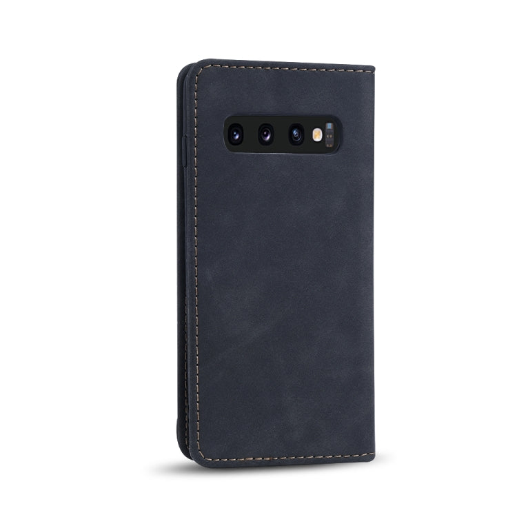 For Samsung Galaxy S10+ Skin-feel Calfskin Texture Magnetic Dual-Fold Horizontal Flip Leather Case with Holder & Card Slots & Wallet
