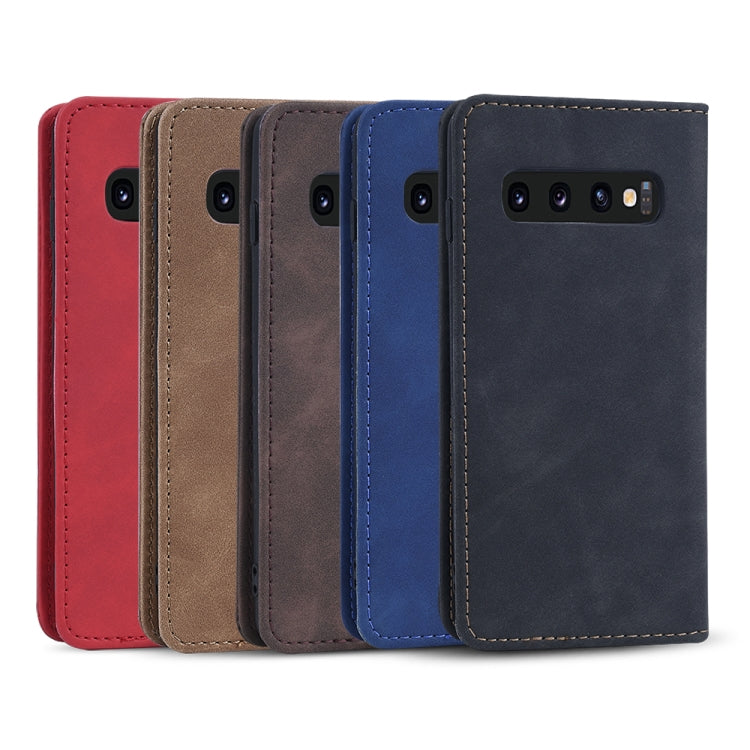 For Samsung Galaxy S10+ Skin-feel Calfskin Texture Magnetic Dual-Fold Horizontal Flip Leather Case with Holder & Card Slots & Wallet