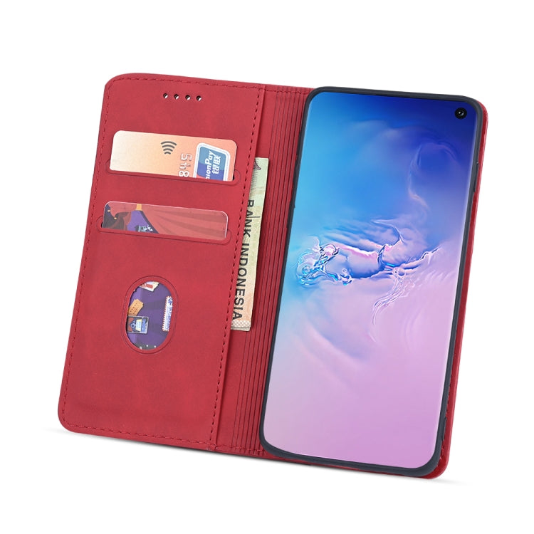 For Samsung Galaxy S10+ Skin-feel Calfskin Texture Magnetic Dual-Fold Horizontal Flip Leather Case with Holder & Card Slots & Wallet