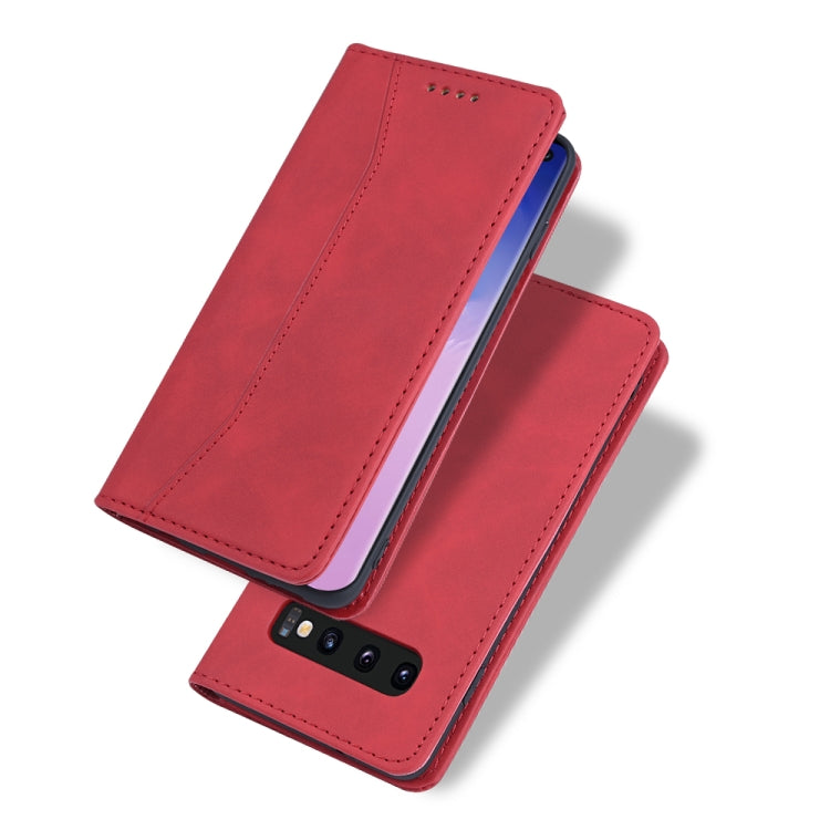 For Samsung Galaxy S10+ Skin-feel Calfskin Texture Magnetic Dual-Fold Horizontal Flip Leather Case with Holder & Card Slots & Wallet