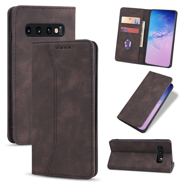 For Samsung Galaxy S10+ Skin-feel Calfskin Texture Magnetic Dual-Fold Horizontal Flip Leather Case with Holder & Card Slots & Wallet