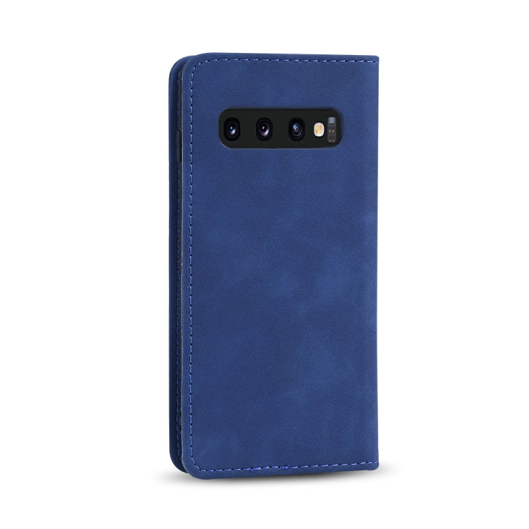 For Samsung Galaxy S10+ Skin-feel Calfskin Texture Magnetic Dual-Fold Horizontal Flip Leather Case with Holder & Card Slots & Wallet