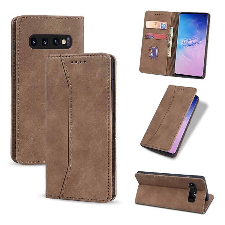 For Samsung Galaxy S10+ Skin-feel Calfskin Texture Magnetic Dual-Fold Horizontal Flip Leather Case with Holder & Card Slots & Wallet