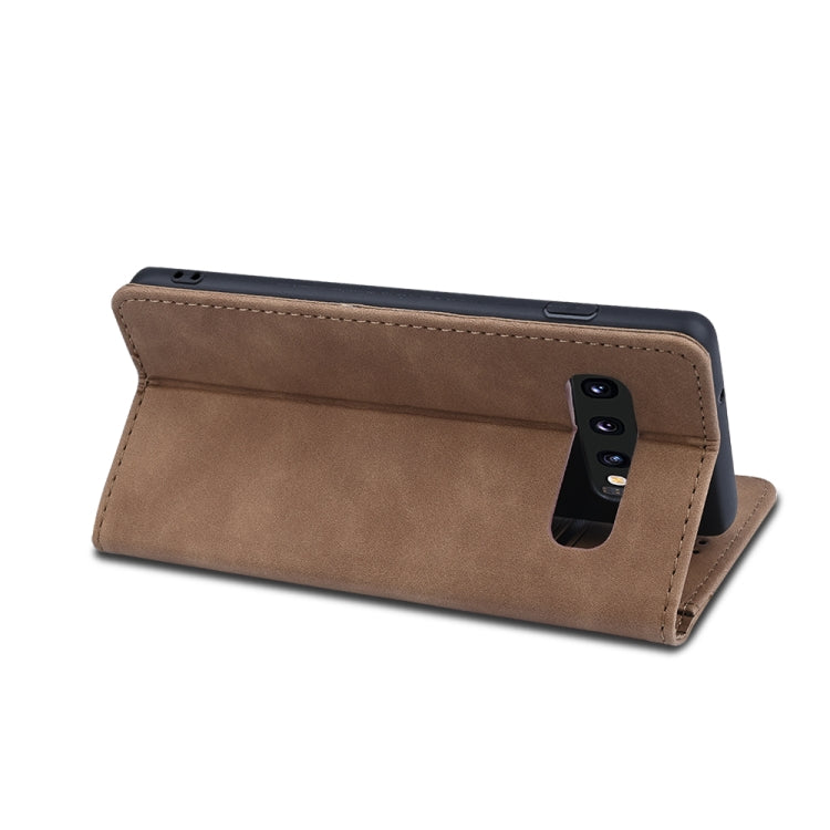 For Samsung Galaxy S10+ Skin-feel Calfskin Texture Magnetic Dual-Fold Horizontal Flip Leather Case with Holder & Card Slots & Wallet