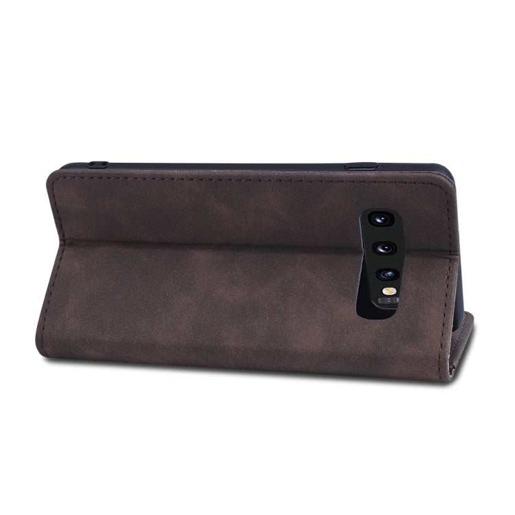 For Samsung Galaxy S10e Skin-feel Calfskin Texture Magnetic Dual-Fold Horizontal Flip Leather Case with Holder & Card Slots & Wallet