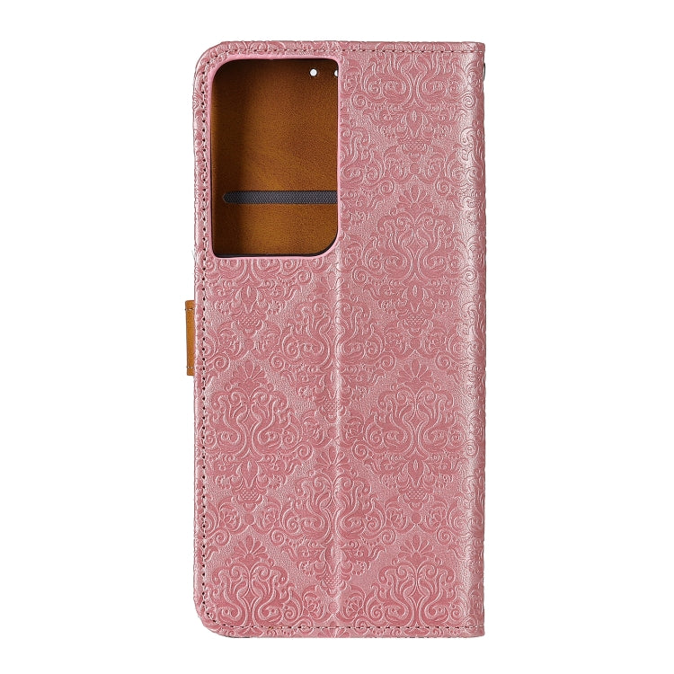 For Samsung Galaxy S21 Ultra 5G European Floral Embossed Copper Buckle Horizontal Flip PU Leather Case with Holder & Card Slots & Wallet & Photo Frame