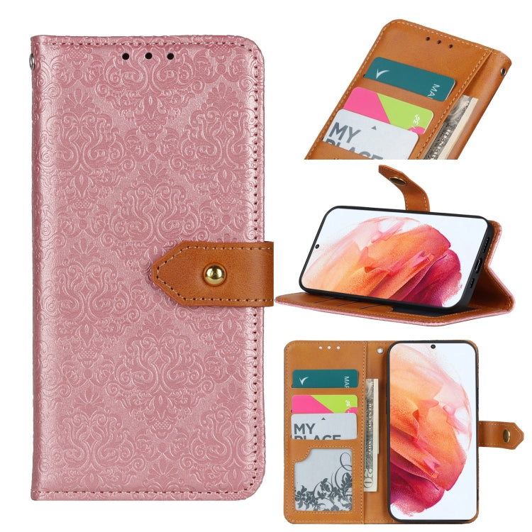For Samsung Galaxy S21 5G European Floral Embossed Copper Buckle Horizontal Flip PU Leather Case with Holder & Card Slots & Wallet & Photo Frame