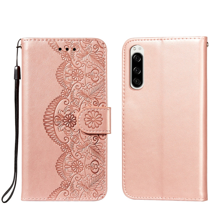 For Sony Xperia 5 Flower Vine Embossing Pattern Horizontal Flip Leather Case with Card Slot & Holder & Wallet & Lanyard