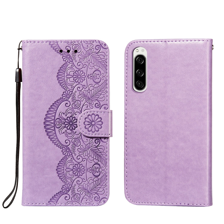 For Sony Xperia 5 Flower Vine Embossing Pattern Horizontal Flip Leather Case with Card Slot & Holder & Wallet & Lanyard