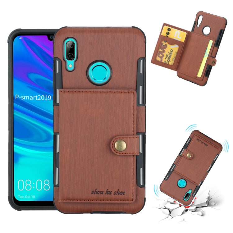 For Huawei P Smart (2019) Brushed Texture Shockproof PU + TPU Case, with Card Slots & Wallet & Photo Frame