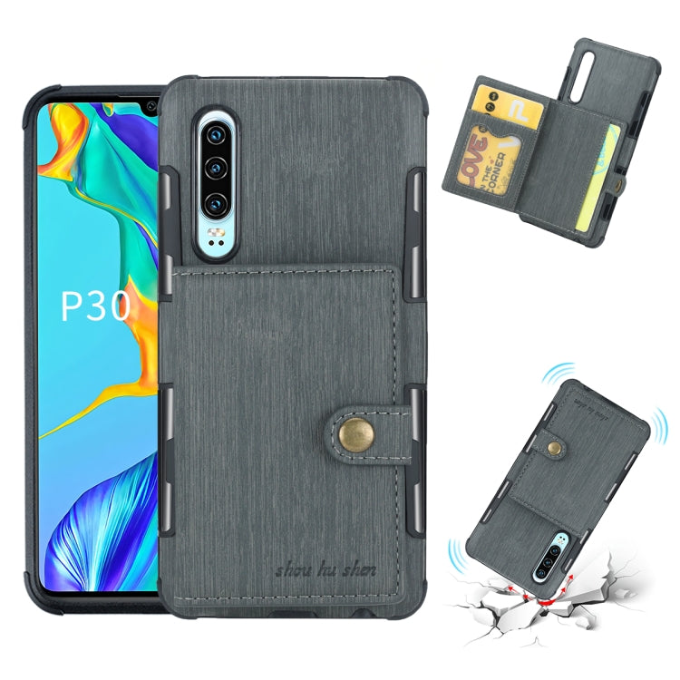 For Huawei P30 Brushed Texture Shockproof PU + TPU Case, with Card Slots & Wallet & Photo Frame