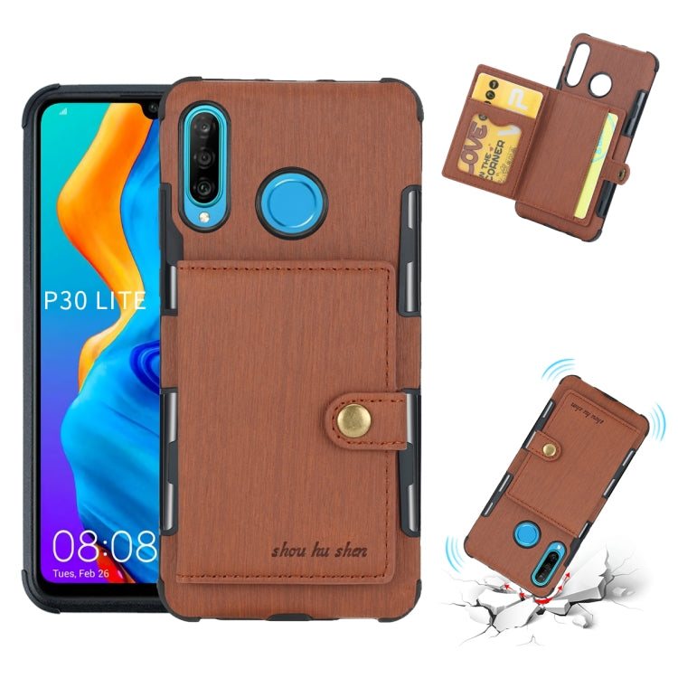 For Huawei P30 Lite Brushed Texture Shockproof PU + TPU Case, with Card Slots & Wallet & Photo Frame