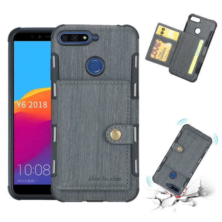 For Huawei Y6 (2018) Brushed Texture Shockproof PU + TPU Case, with Card Slots & Wallet & Photo Frame