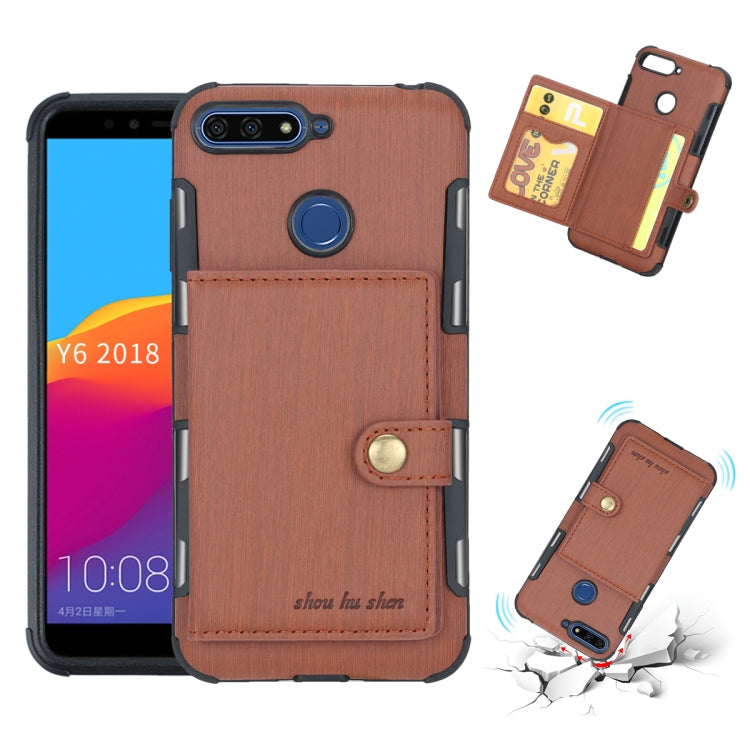 For Huawei Y6 (2018) Brushed Texture Shockproof PU + TPU Case, with Card Slots & Wallet & Photo Frame