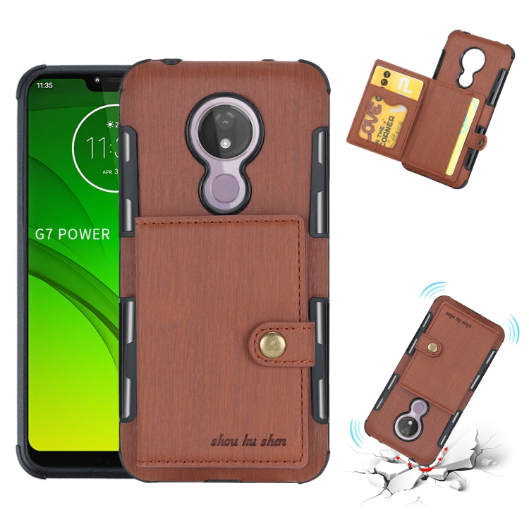 For Motorola Moto G7 Power Brushed Texture Shockproof PU + TPU Case, with Card Slots & Wallet & Photo Frame