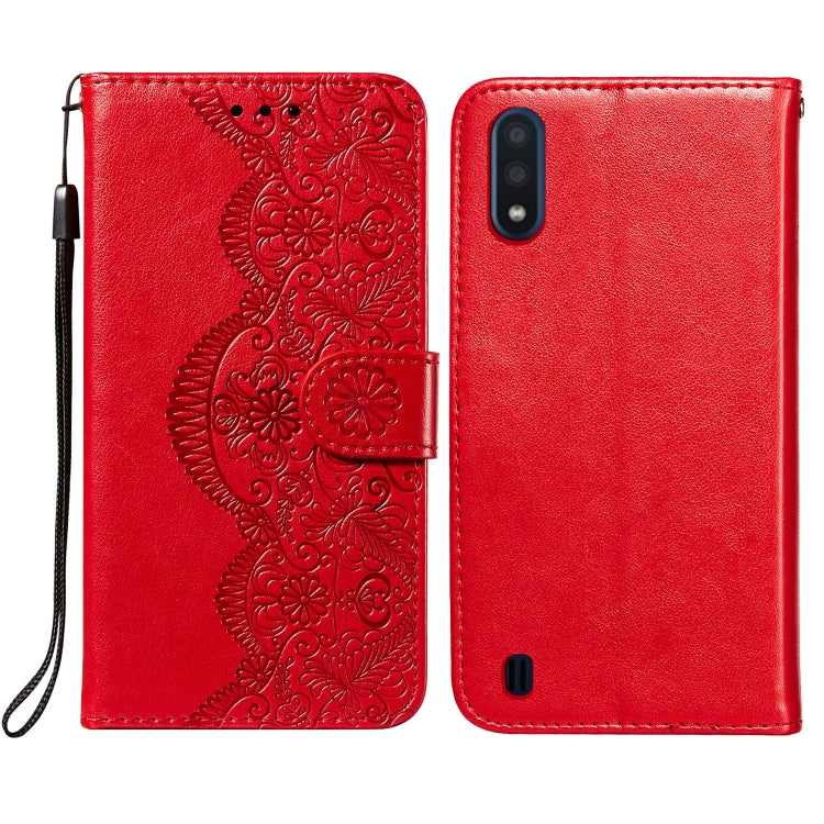 For Samsung Galaxy A01 Flower Vine Embossing Pattern Horizontal Flip Leather Case with Card Slot & Holder & Wallet & Lanyard