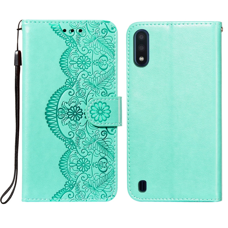 For Samsung Galaxy A01 Flower Vine Embossing Pattern Horizontal Flip Leather Case with Card Slot & Holder & Wallet & Lanyard