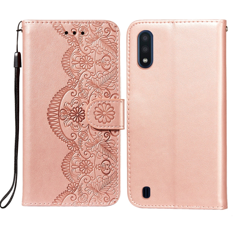 For Samsung Galaxy A01 Flower Vine Embossing Pattern Horizontal Flip Leather Case with Card Slot & Holder & Wallet & Lanyard