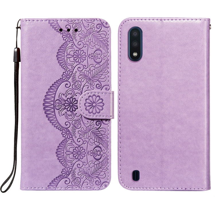 For Samsung Galaxy A01 Flower Vine Embossing Pattern Horizontal Flip Leather Case with Card Slot & Holder & Wallet & Lanyard
