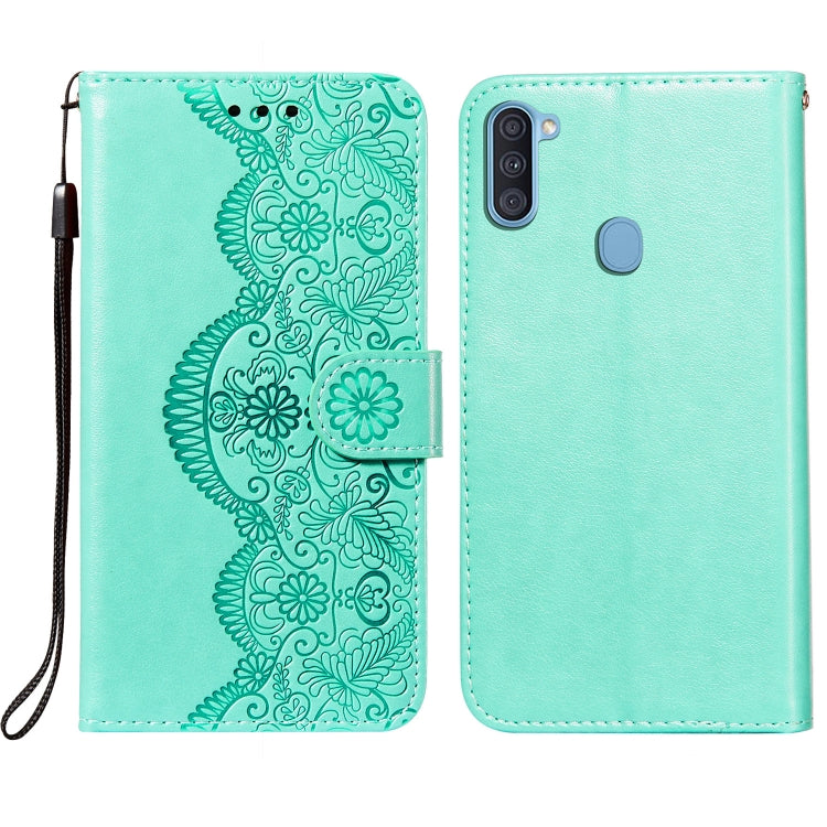 For Samsung  Galaxy A11 / M11 Flower Vine Embossing Pattern Horizontal Flip Leather Case with Card Slot & Holder & Wallet & Lanyard