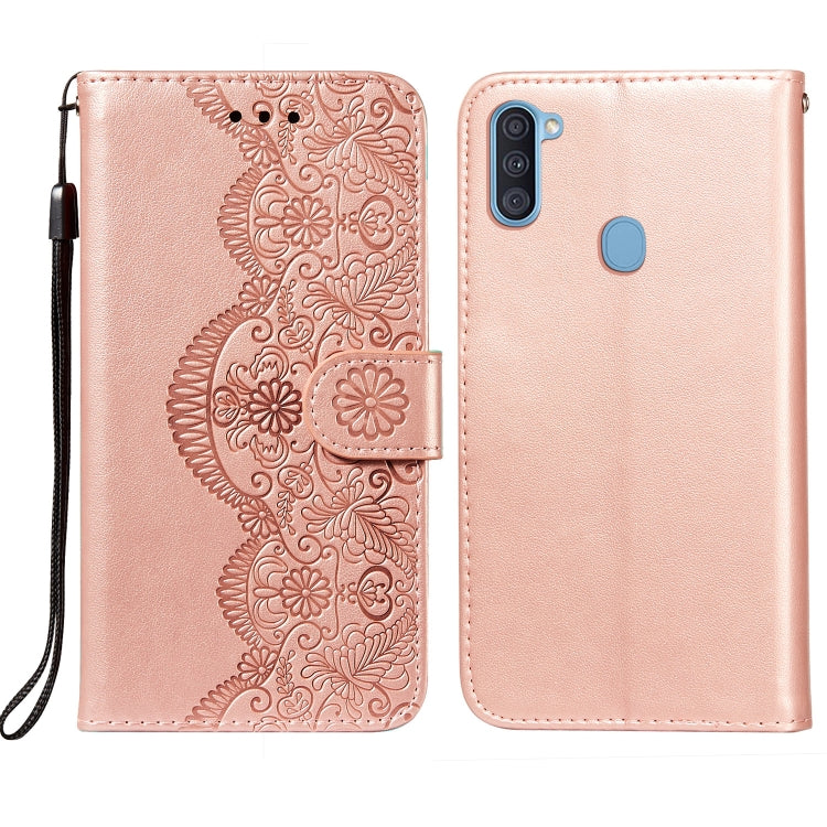 For Samsung  Galaxy A11 / M11 Flower Vine Embossing Pattern Horizontal Flip Leather Case with Card Slot & Holder & Wallet & Lanyard