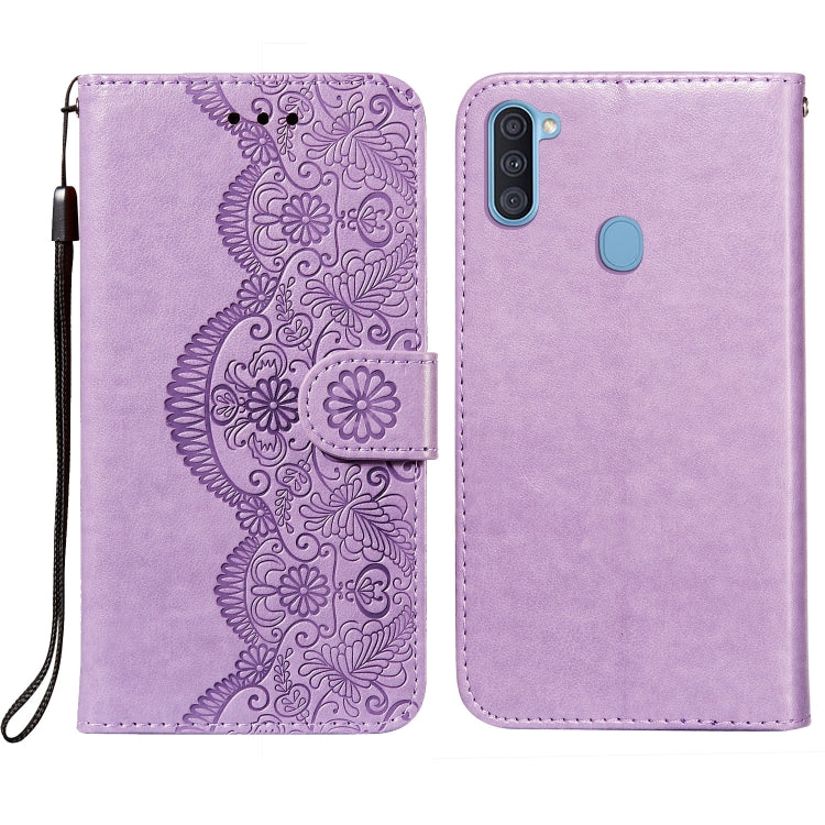 For Samsung  Galaxy A11 / M11 Flower Vine Embossing Pattern Horizontal Flip Leather Case with Card Slot & Holder & Wallet & Lanyard