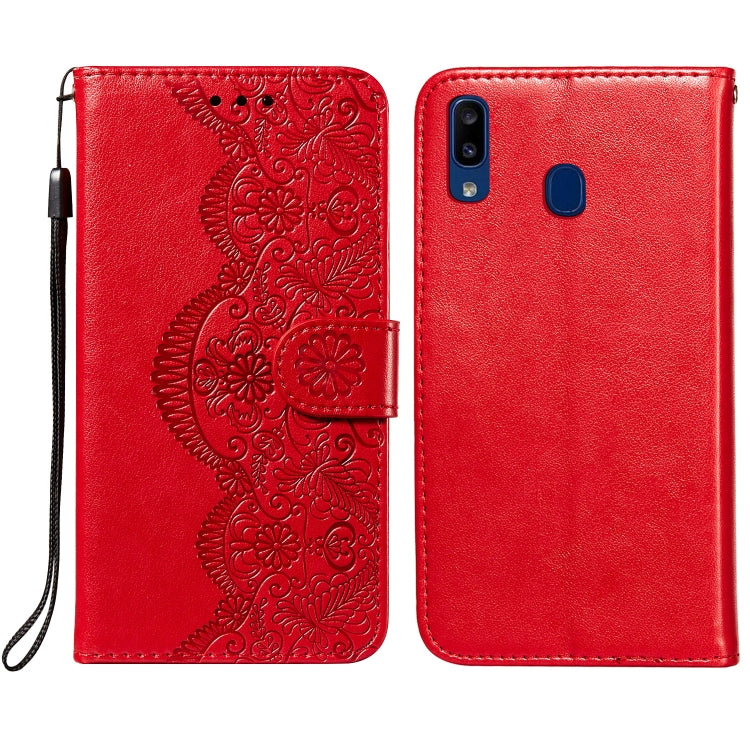 For Samsung Galaxy A20 / A30 Flower Vine Embossing Pattern Horizontal Flip Leather Case with Card Slot & Holder & Wallet & Lanyard