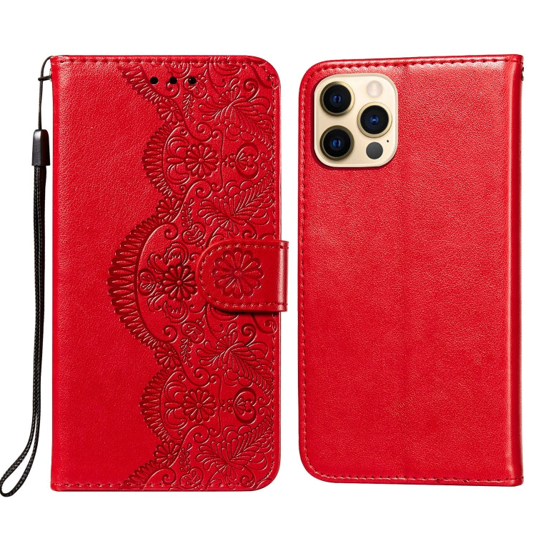 For iPhone 12 / 12 Pro Flower Vine Embossing Pattern Horizontal Flip Leather Case with Card Slot & Holder & Wallet & Lanyard