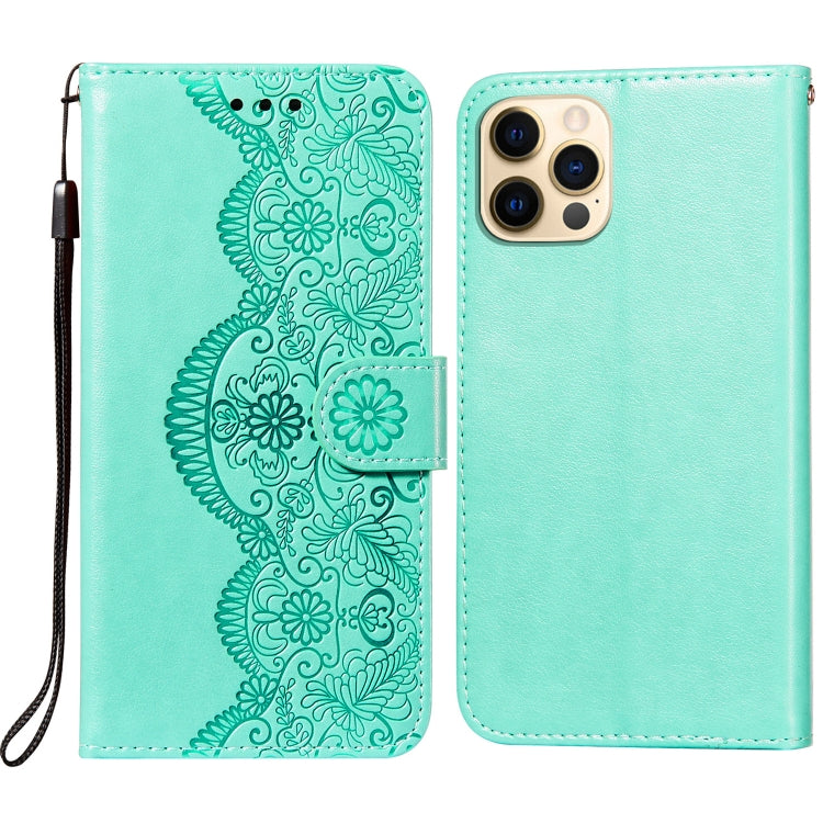 For iPhone 12 / 12 Pro Flower Vine Embossing Pattern Horizontal Flip Leather Case with Card Slot & Holder & Wallet & Lanyard
