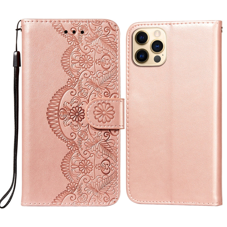 For iPhone 12 / 12 Pro Flower Vine Embossing Pattern Horizontal Flip Leather Case with Card Slot & Holder & Wallet & Lanyard