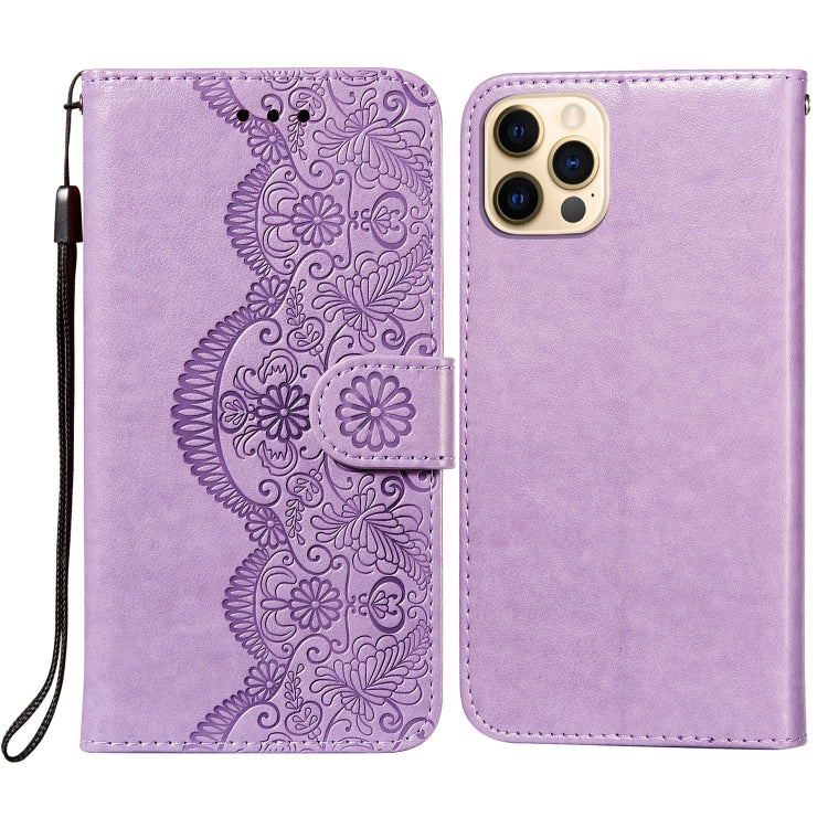 For iPhone 12 / 12 Pro Flower Vine Embossing Pattern Horizontal Flip Leather Case with Card Slot & Holder & Wallet & Lanyard