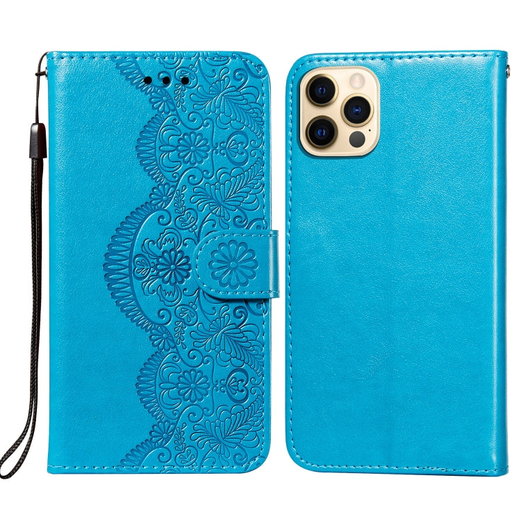 For iPhone 12 / 12 Pro Flower Vine Embossing Pattern Horizontal Flip Leather Case with Card Slot & Holder & Wallet & Lanyard