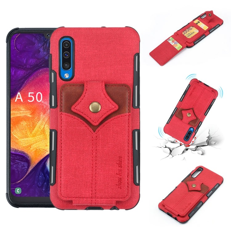 For Galaxy A50 Cloth Texture + PU + TPU Shockproof Protective Case with Card Slots