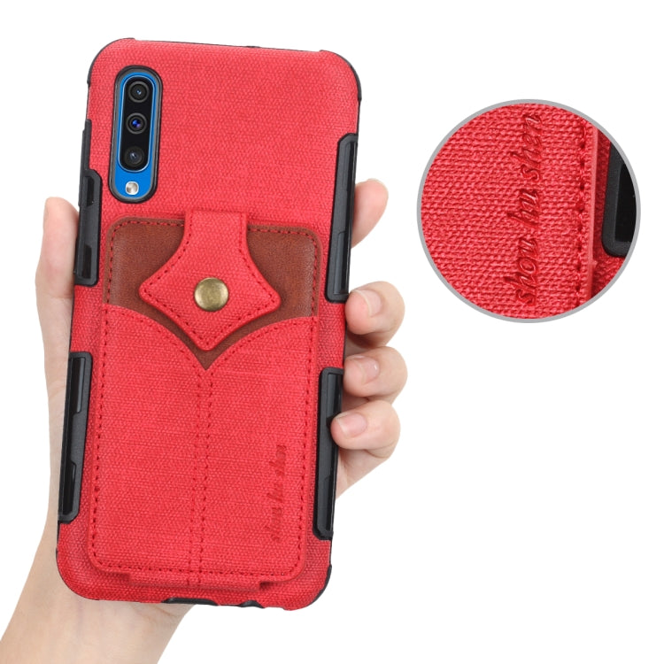 For Galaxy A50 Cloth Texture + PU + TPU Shockproof Protective Case with Card Slots