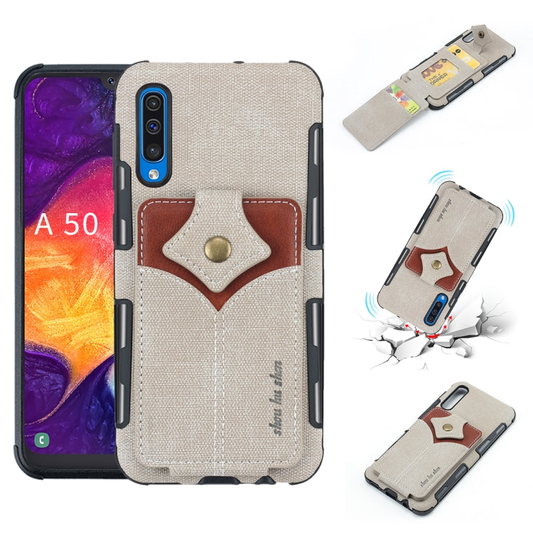 For Galaxy A50 Cloth Texture + PU + TPU Shockproof Protective Case with Card Slots