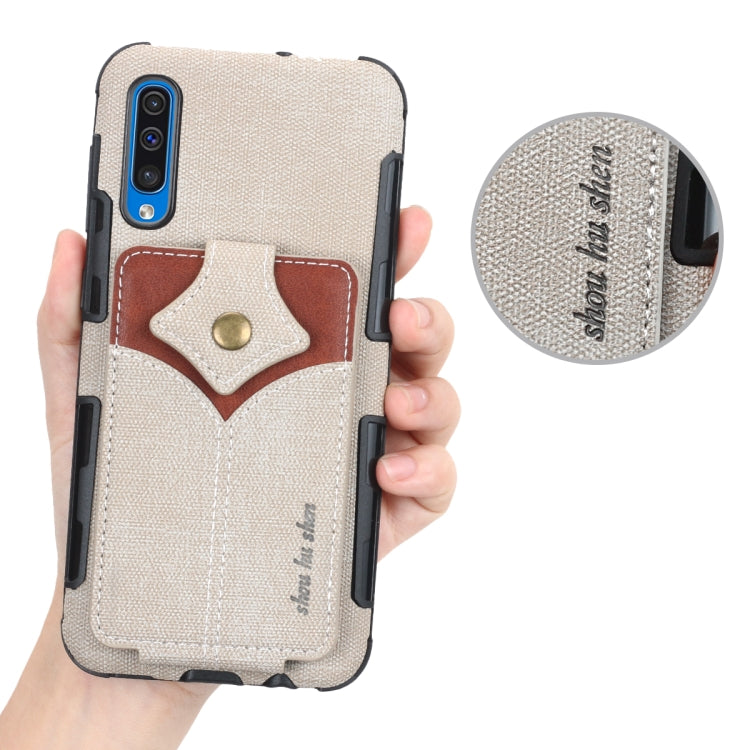 For Galaxy A50 Cloth Texture + PU + TPU Shockproof Protective Case with Card Slots
