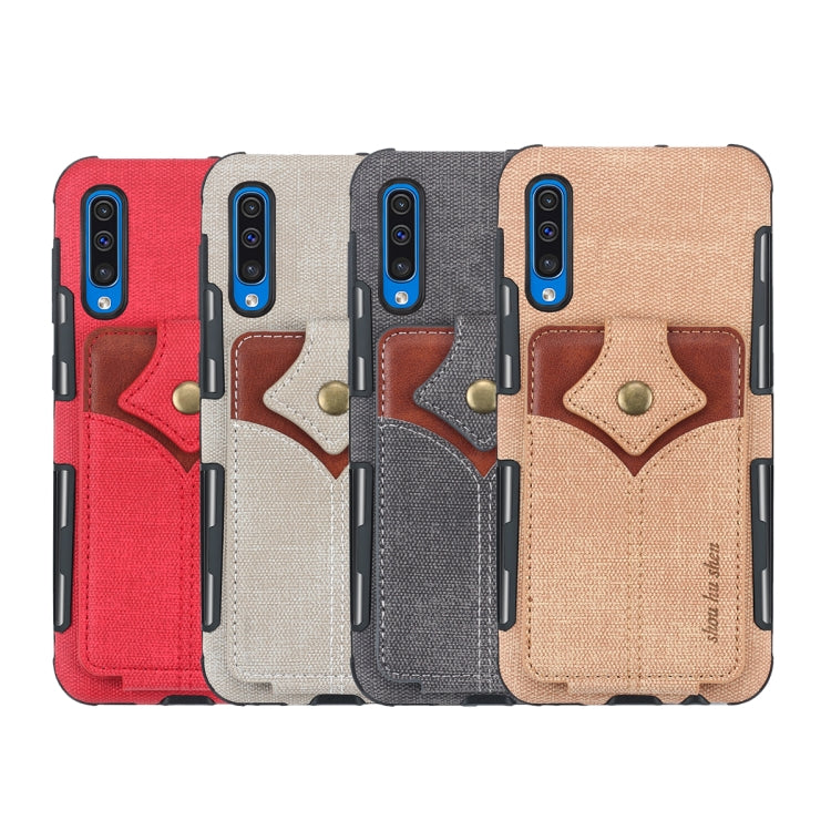 For Galaxy A50 Cloth Texture + PU + TPU Shockproof Protective Case with Card Slots