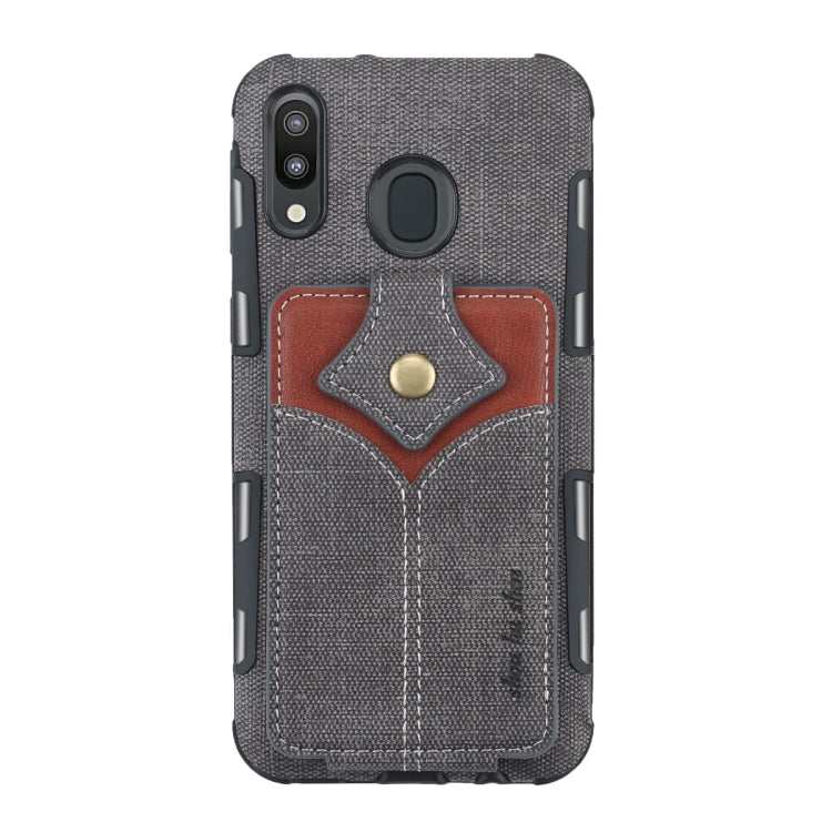 For Galaxy M20 Cloth Texture + PU + TPU Shockproof Protective Case with Card Slots