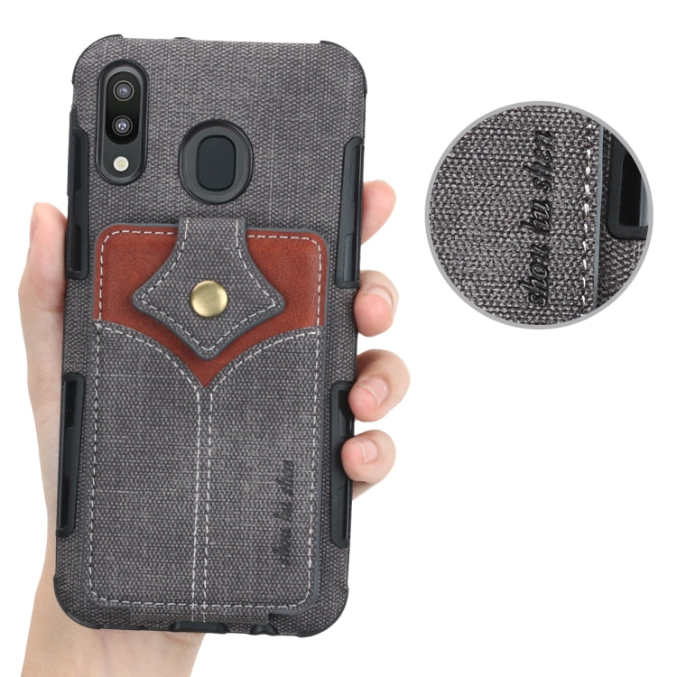 For Galaxy M20 Cloth Texture + PU + TPU Shockproof Protective Case with Card Slots