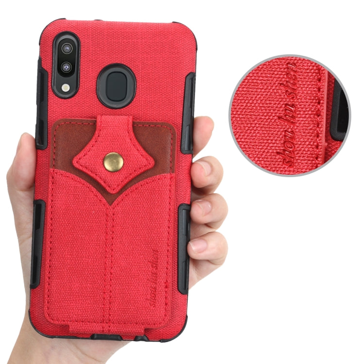 For Galaxy M20 Cloth Texture + PU + TPU Shockproof Protective Case with Card Slots