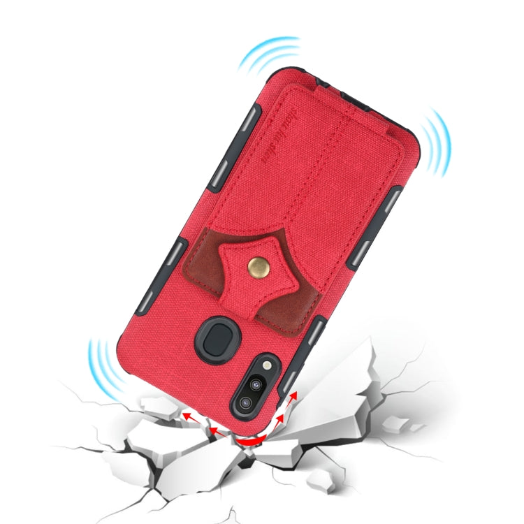 For Galaxy M20 Cloth Texture + PU + TPU Shockproof Protective Case with Card Slots