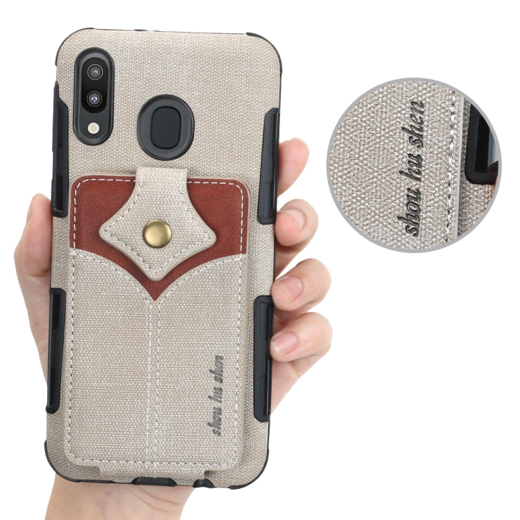 For Galaxy M20 Cloth Texture + PU + TPU Shockproof Protective Case with Card Slots