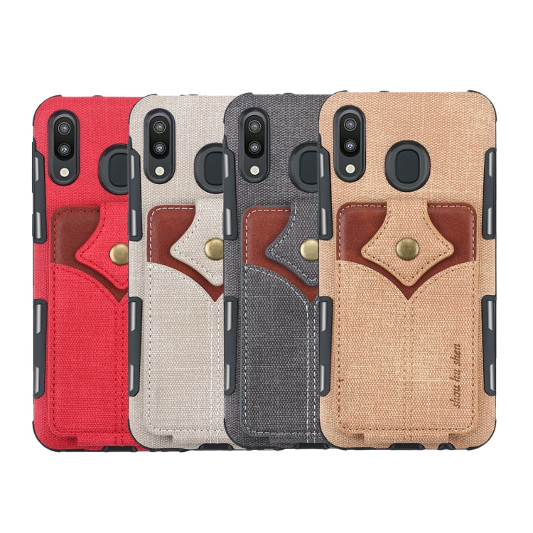 For Galaxy M20 Cloth Texture + PU + TPU Shockproof Protective Case with Card Slots