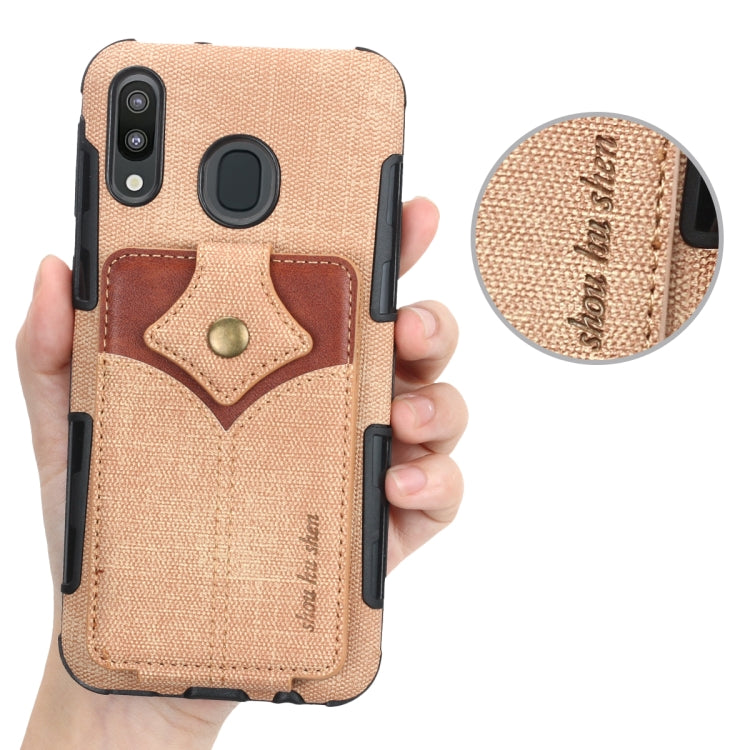 For Galaxy M20 Cloth Texture + PU + TPU Shockproof Protective Case with Card Slots