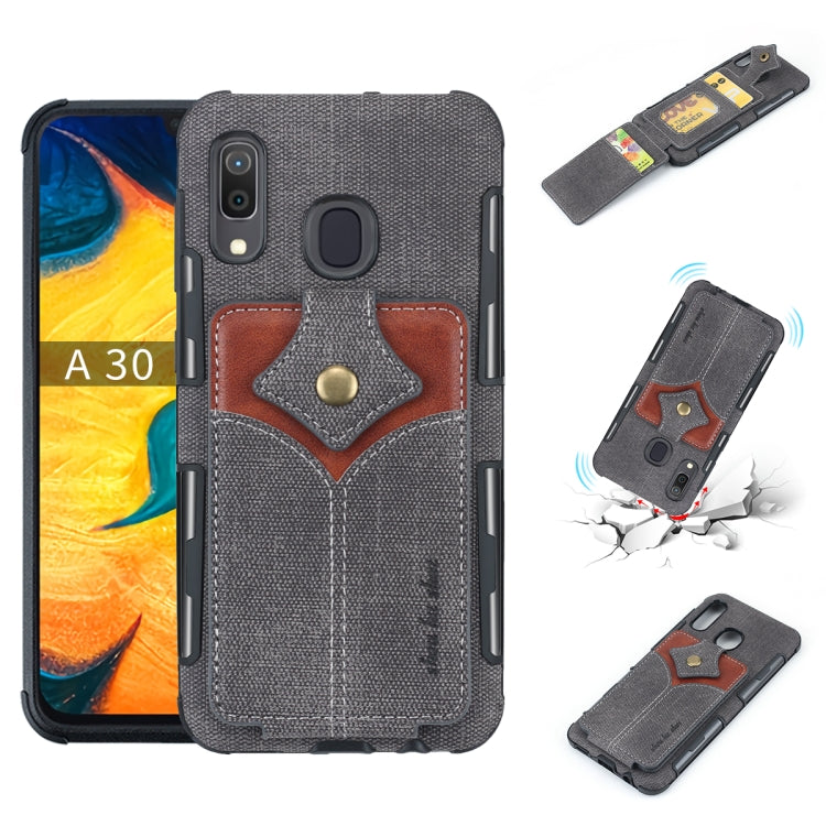 For Galaxy A30 Cloth Texture + PU + TPU Shockproof Protective Case with Card Slots