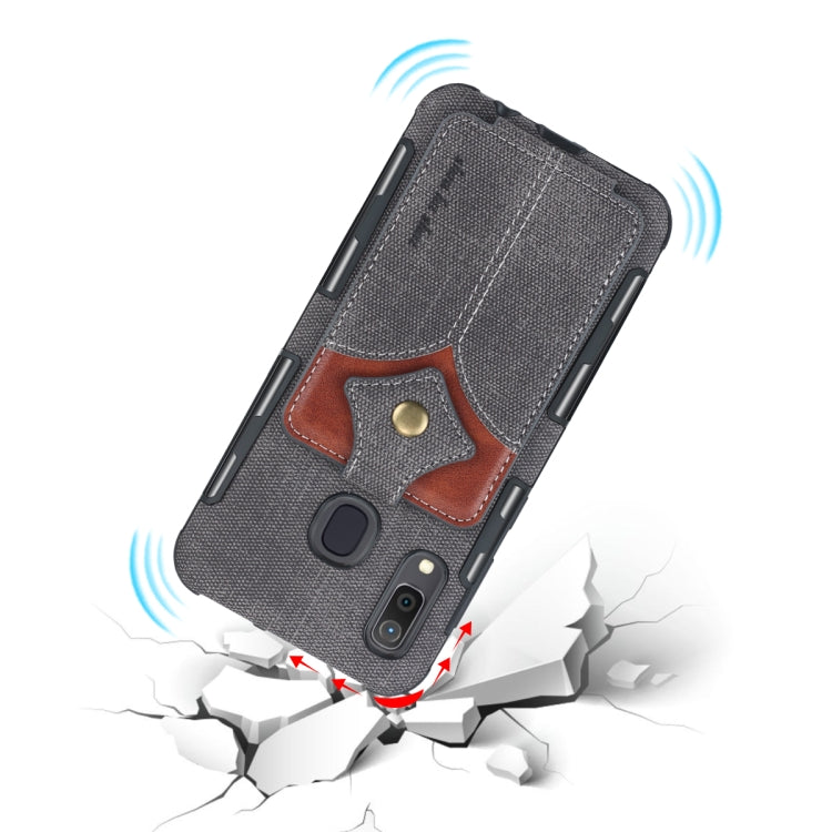 For Galaxy A30 Cloth Texture + PU + TPU Shockproof Protective Case with Card Slots