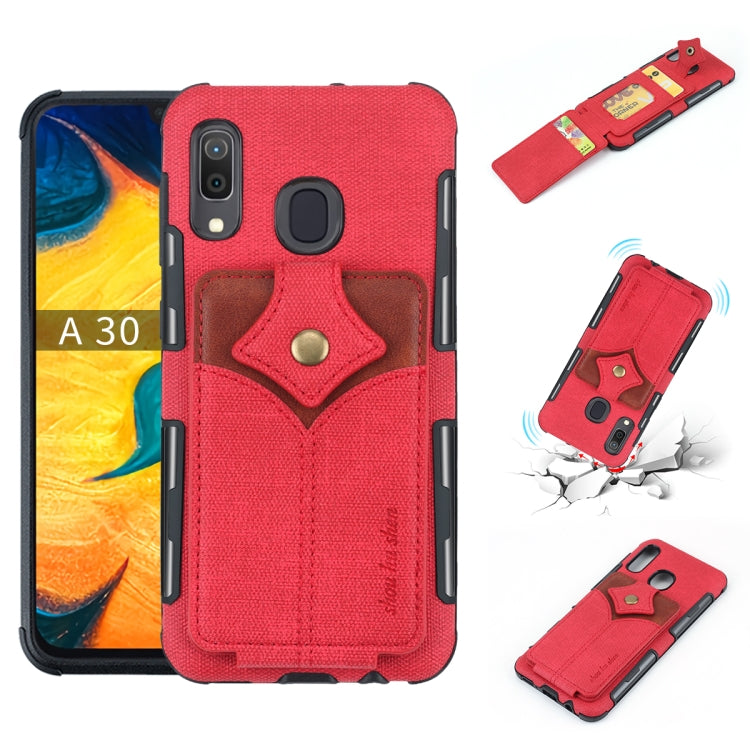For Galaxy A30 Cloth Texture + PU + TPU Shockproof Protective Case with Card Slots