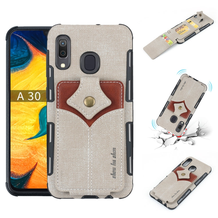 For Galaxy A30 Cloth Texture + PU + TPU Shockproof Protective Case with Card Slots