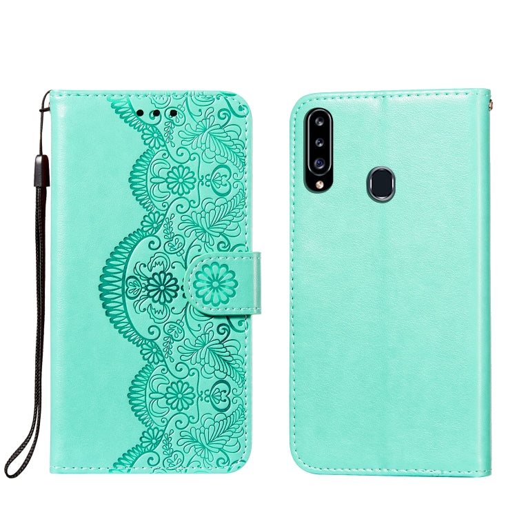 For Samsung Galaxy A20s Flower Vine Embossing Pattern Horizontal Flip Leather Case with Card Slot & Holder & Wallet & Lanyard